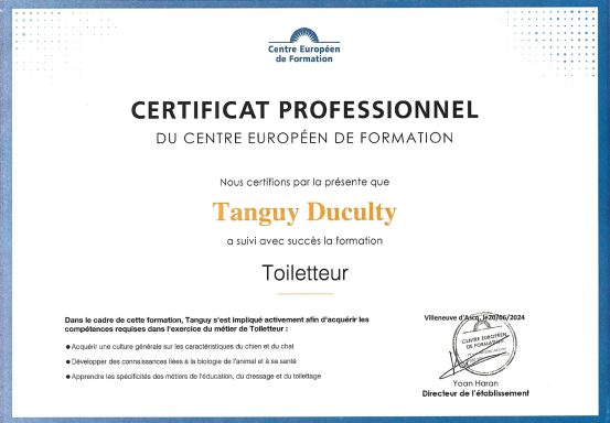 Certificat professionnel de Toiletteur Certificat professionnel de Tanguy Duculty en toilettage.