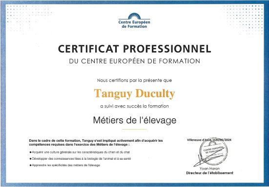 Certificat professionnel au métiers de l'élevage Certificat professionnel de Tanguy Duculty au métiers de l'élevage, délivré par le CEF.