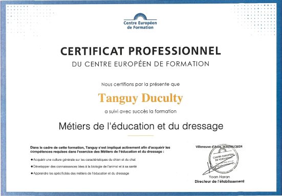 Certificat professionnel au Métiers de l'éducation et du dressage Certificat professionnel au métiers de l'éducation et du dressage, au nom de Tanguy Duculty.